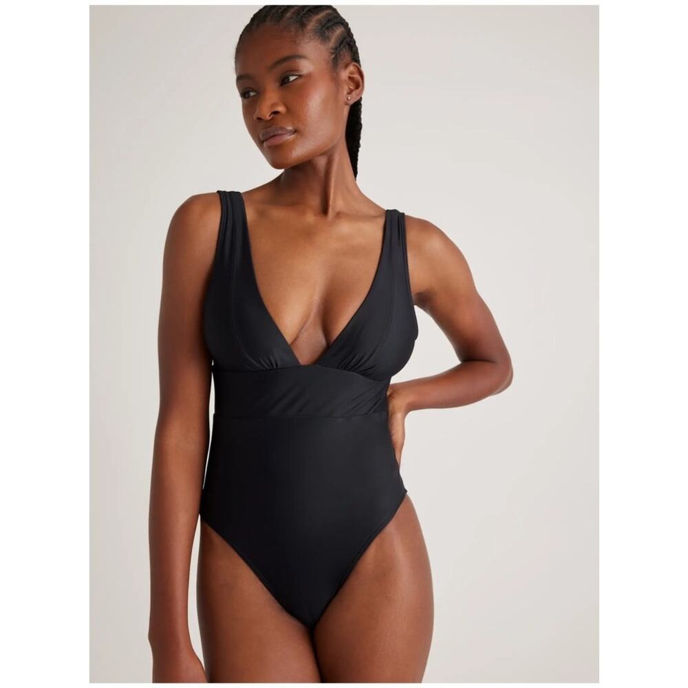 NWT Quince Italian Plunge One Piece Swimsuit S Black Bathing Suit UPF 50 Resort